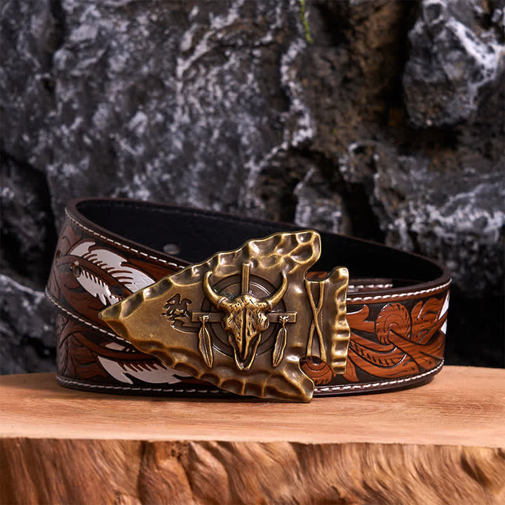 Bronze Triangle DIY Arrowhead Shaped Bull Buckle Leather Belt