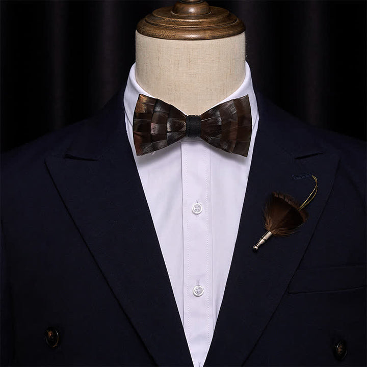 Light Copper Feather Bow Tie with Lapel Pin