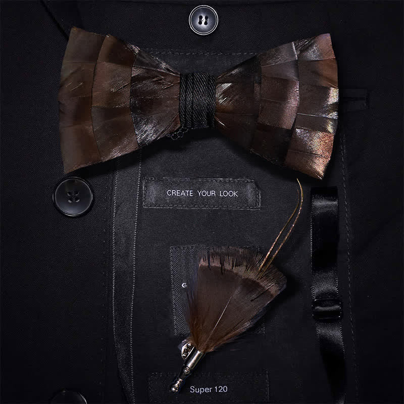 Light Copper Feather Bow Tie with Lapel Pin