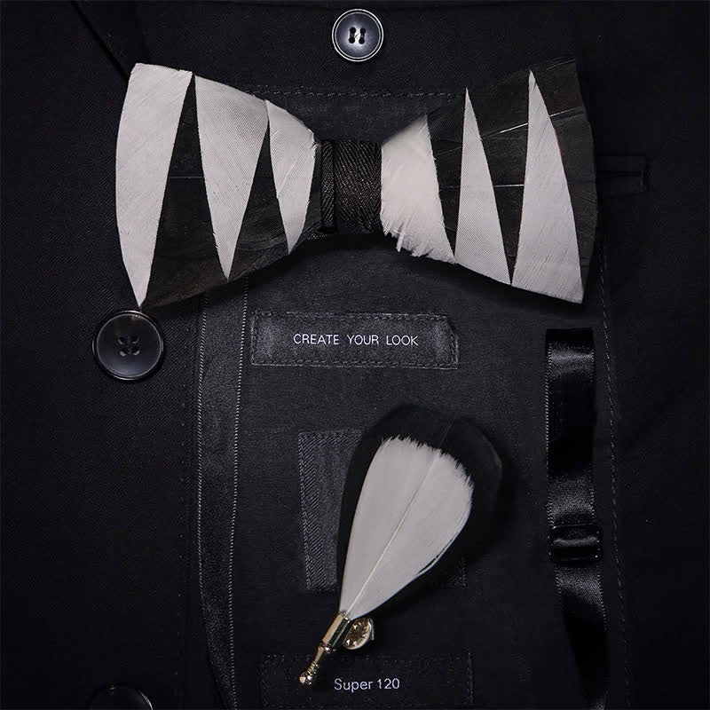 White And Black Feather Bow Tie with Lapel Pin