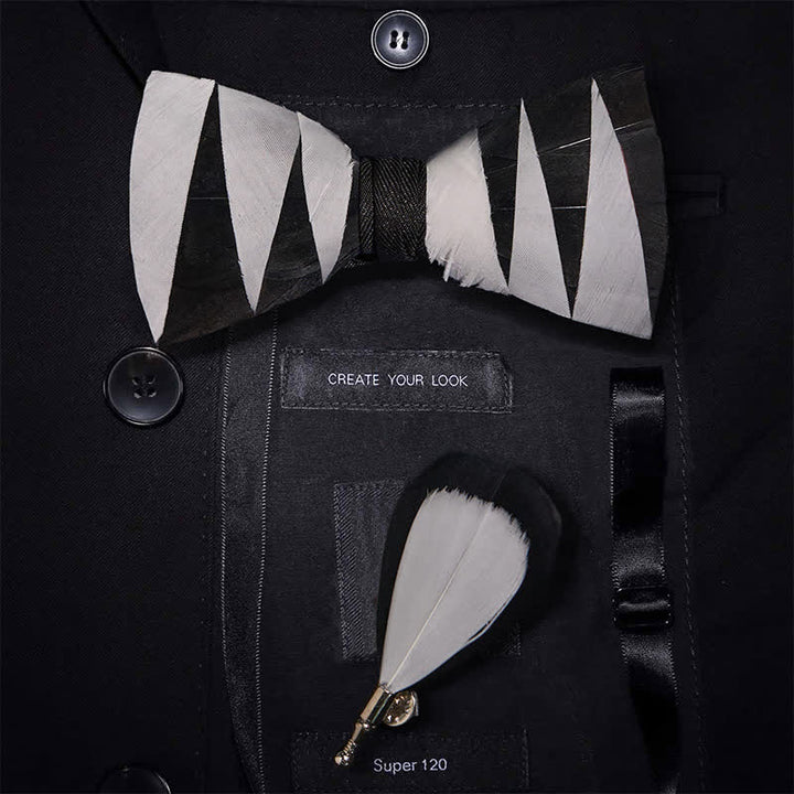 White And Black Feather Bow Tie with Lapel Pin