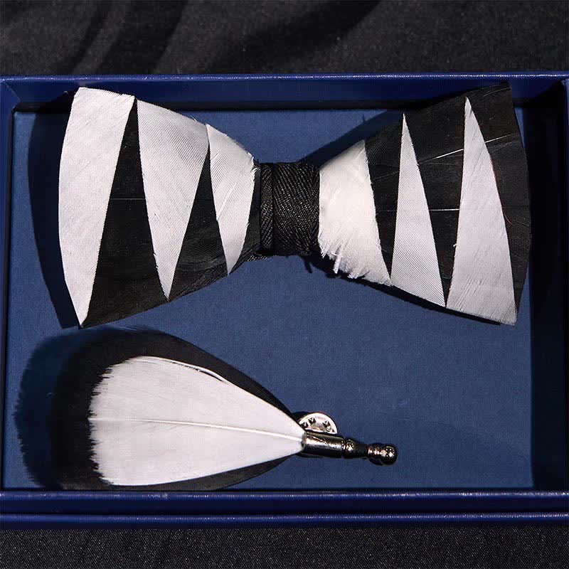 White And Black Feather Bow Tie with Lapel Pin