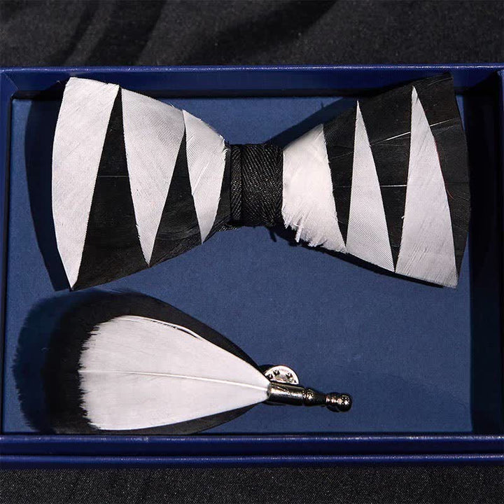 White And Black Feather Bow Tie with Lapel Pin
