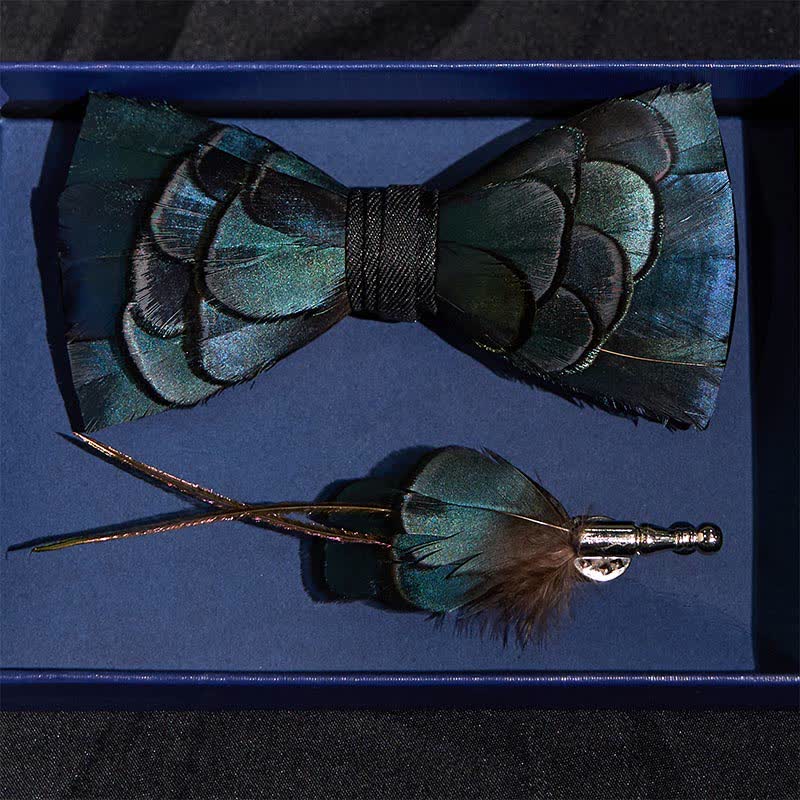 Slate Blue Feather Bow Tie with Lapel Pin