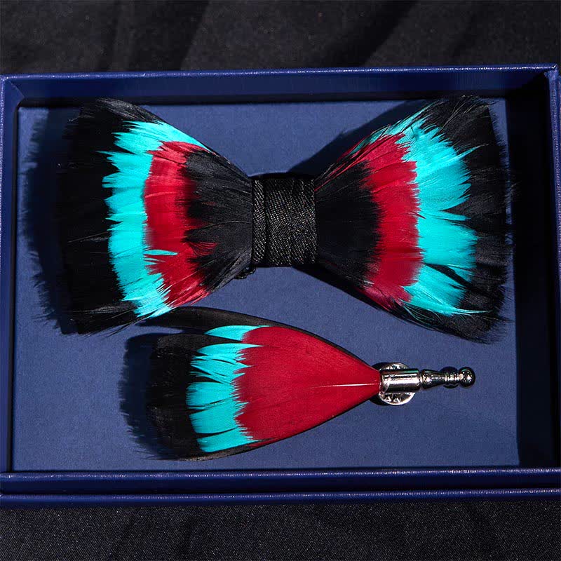 Turquoise Wine Feather Bow Tie with Lapel Pin