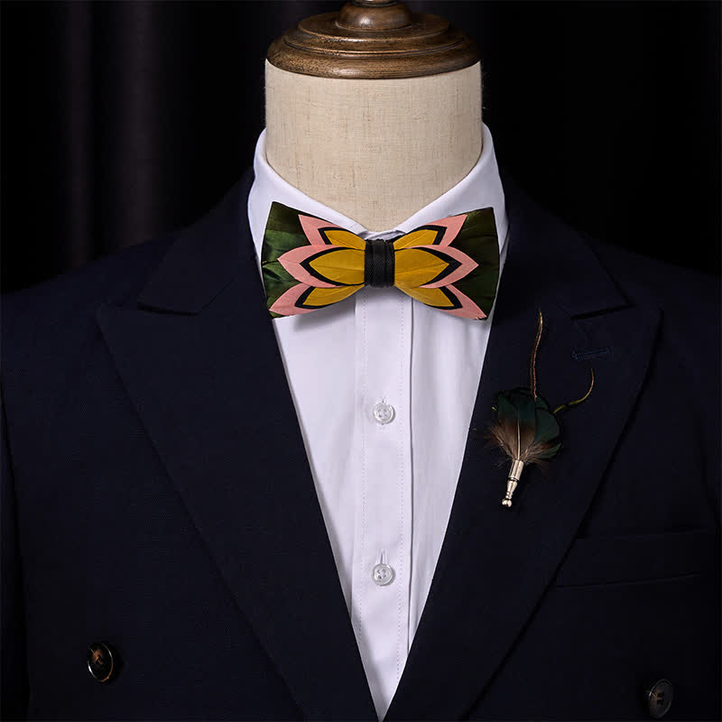 Iridescent Black Feather Bow Tie with Lapel Pin