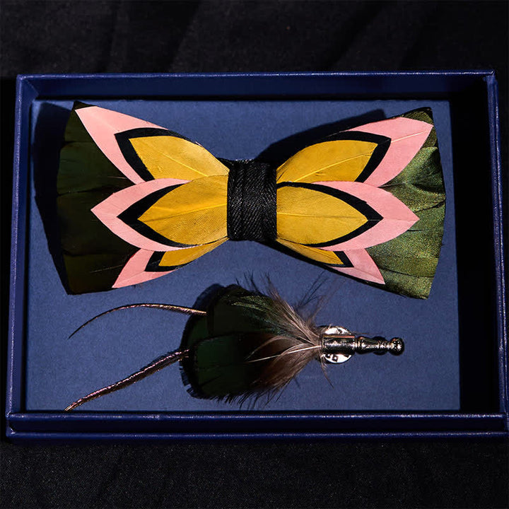 Iridescent Black Feather Bow Tie with Lapel Pin