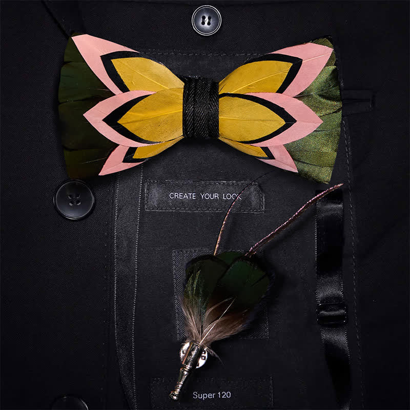 Iridescent Black Feather Bow Tie with Lapel Pin