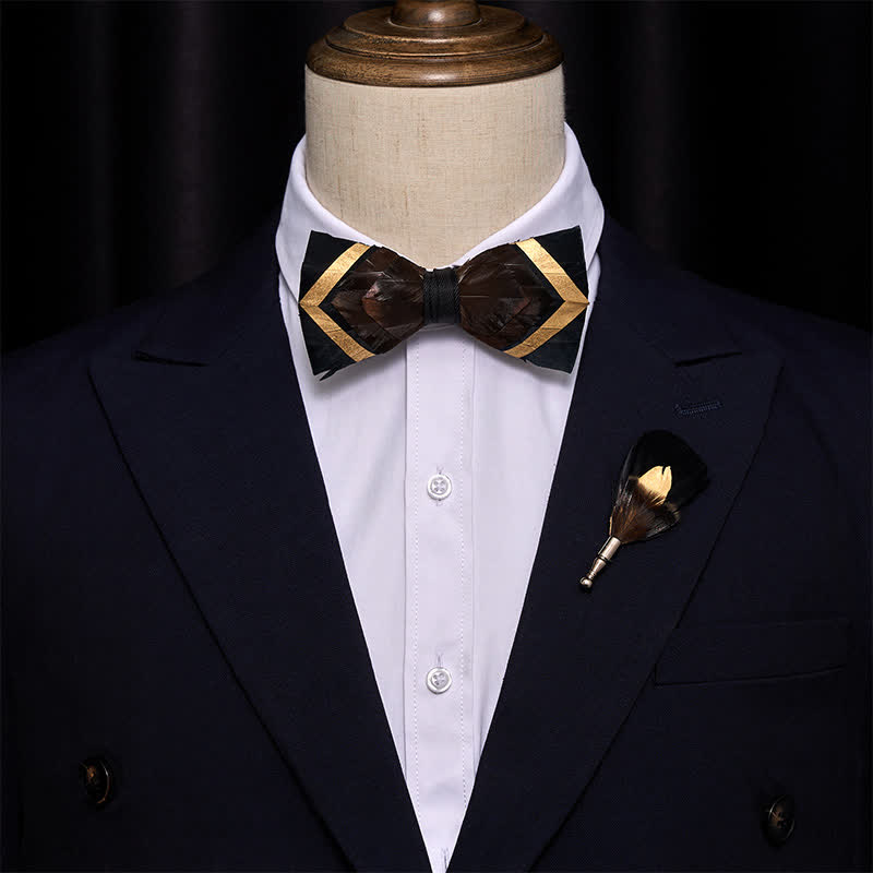 Iridescent Copper Feather Bow Tie with Lapel Pin