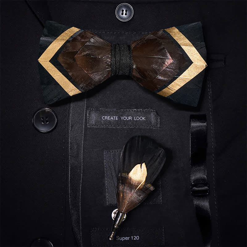 Iridescent Copper Feather Bow Tie with Lapel Pin