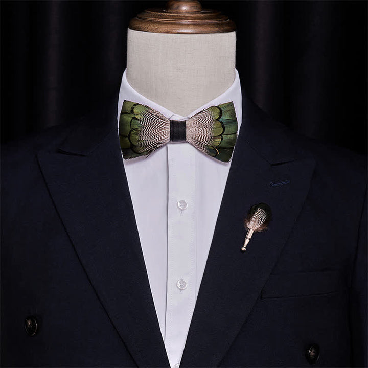 Green & White Mallard Duck Feather Bow Tie with Lapel Pin