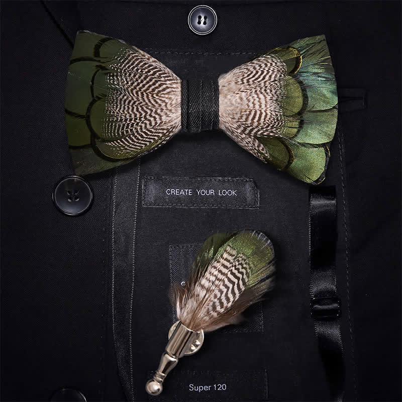 Green & White Mallard Duck Feather Bow Tie with Lapel Pin