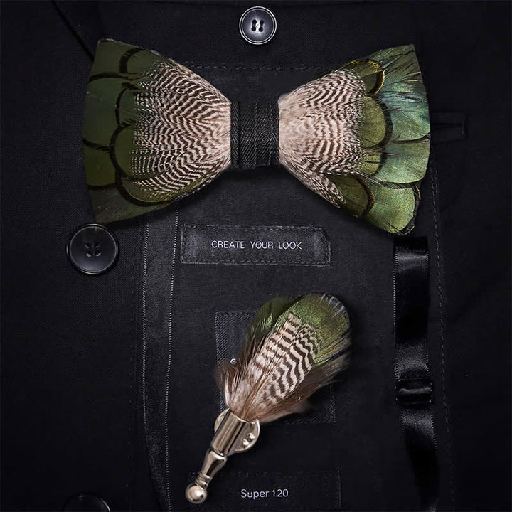 Green & White Mallard Duck Feather Bow Tie with Lapel Pin