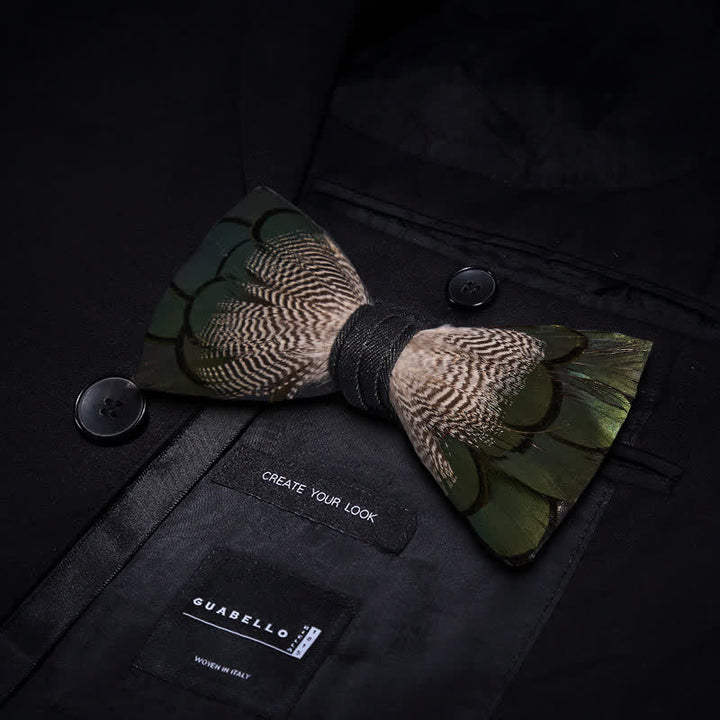 Green & White Mallard Duck Feather Bow Tie with Lapel Pin