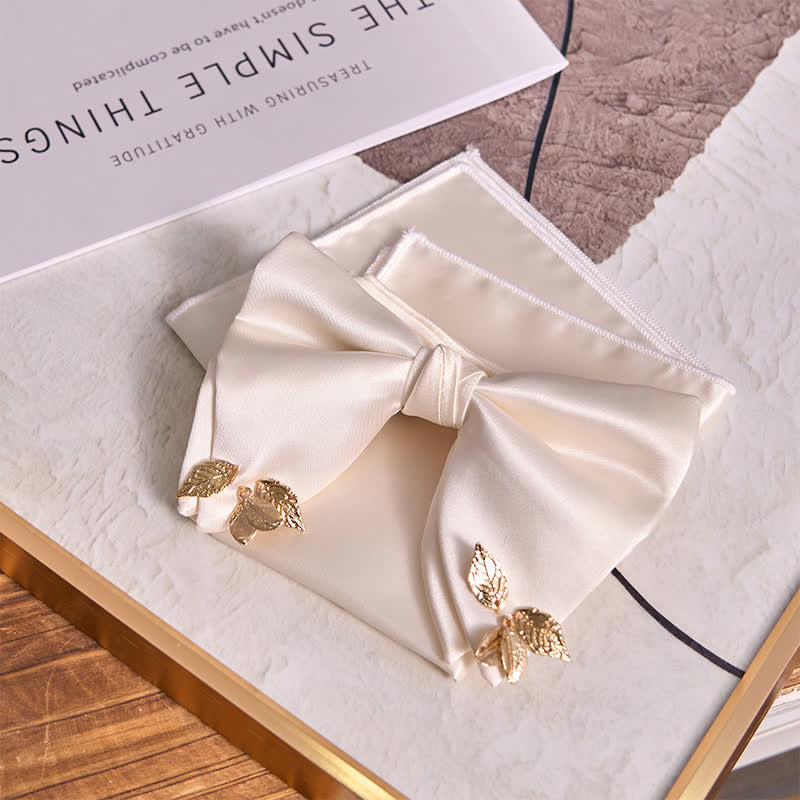 Men's Double-Layers Leaves Oversized Bow Tie Pocket Square