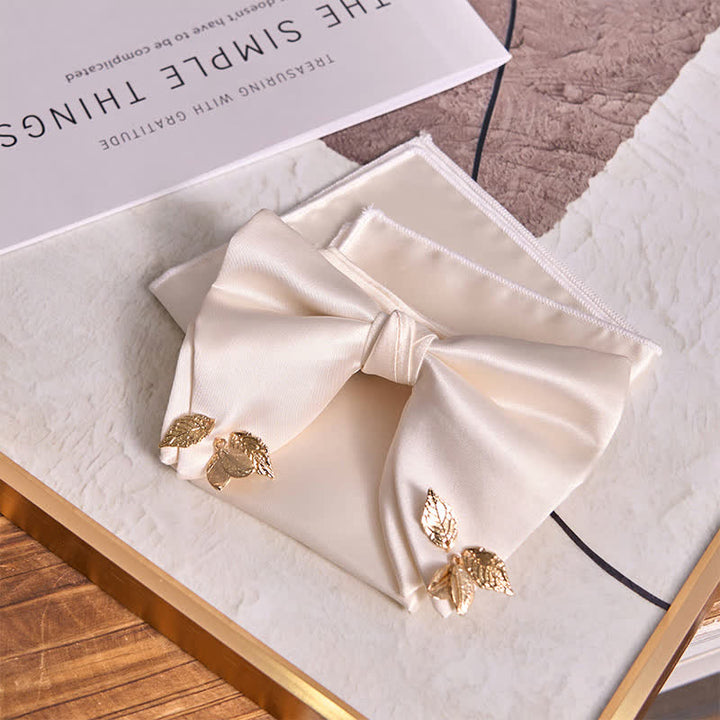 Men's Double-Layers Leaves Oversized Bow Tie Pocket Square