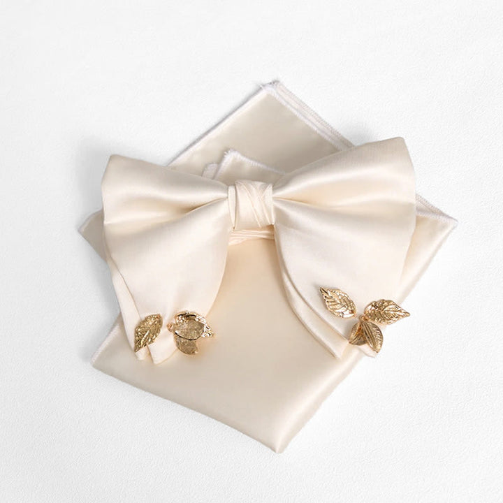 Men's Double-Layers Leaves Oversized Bow Tie Pocket Square