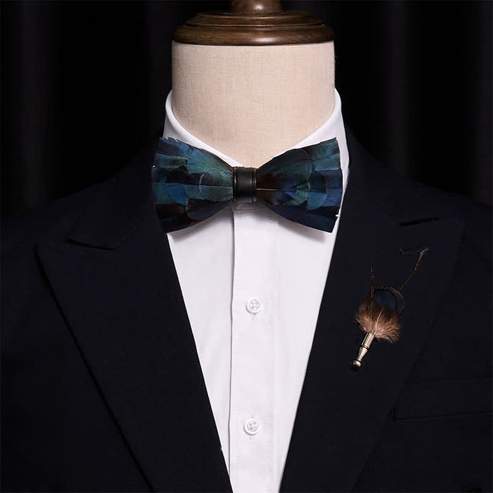 Dark Blue Luxury Natural Feather Bow Tie with Lapel Pin