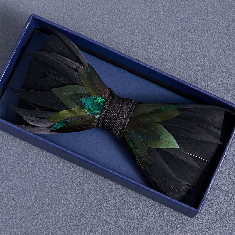Fancy Black & Green Feather Bow Tie