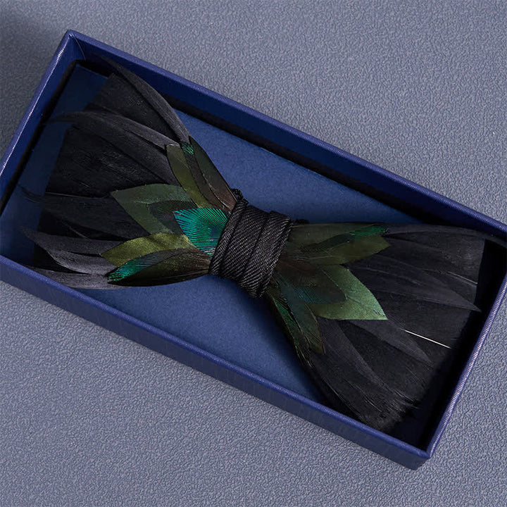 Fancy Black & Green Feather Bow Tie