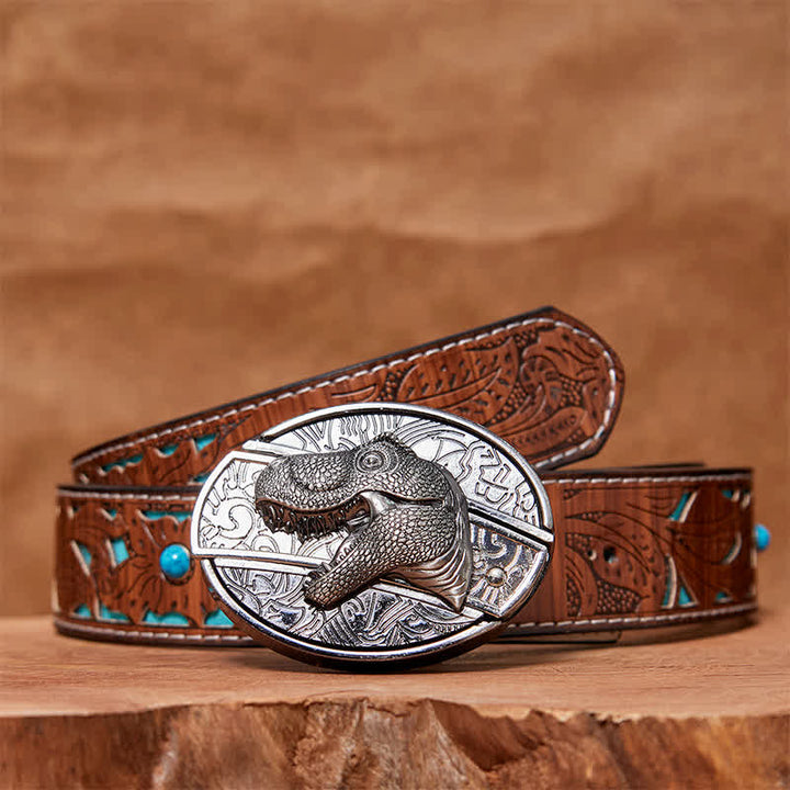 Men's DIY Dinosaur Hidden Folding Knife Leather Belt
