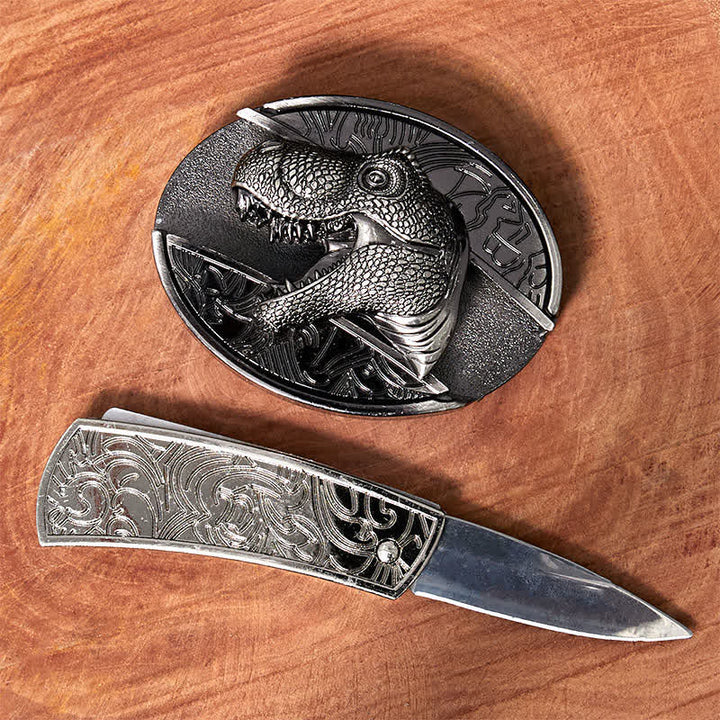 Men's DIY Dinosaur Hidden Folding Knife Leather Belt