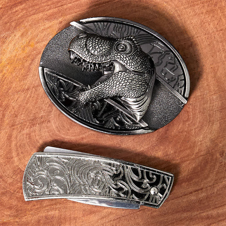 Men's DIY Dinosaur Hidden Folding Knife Leather Belt