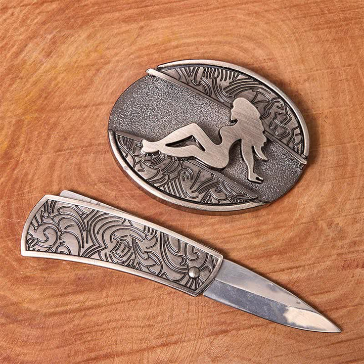 Men's DIY Lady Silhouette Hidden Folding Knife Leather Belt