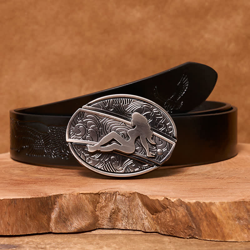 Men's DIY Lady Silhouette Hidden Folding Knife Leather Belt