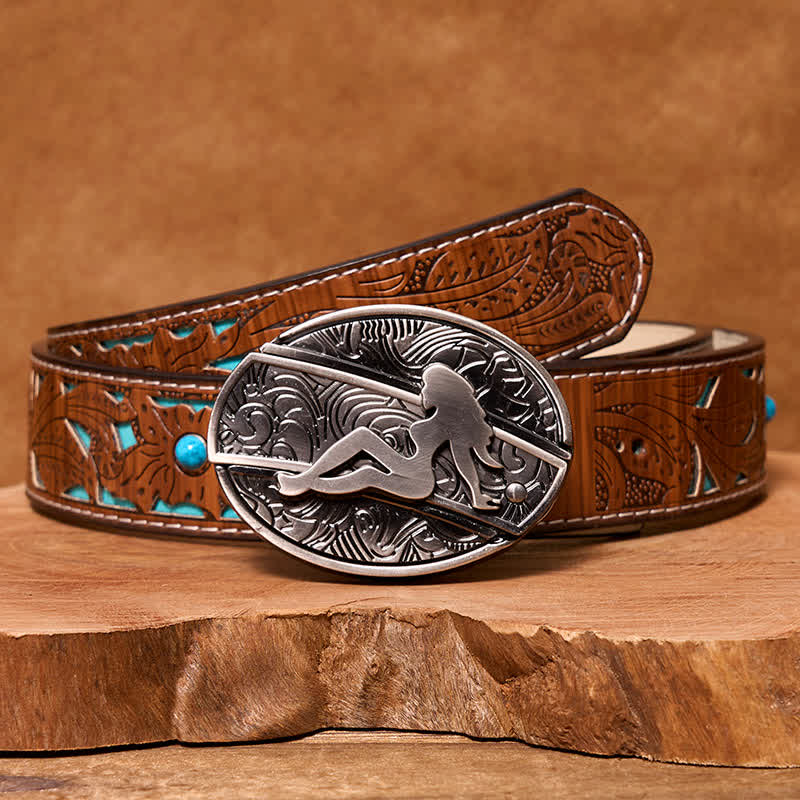 Men's DIY Lady Silhouette Hidden Folding Knife Leather Belt