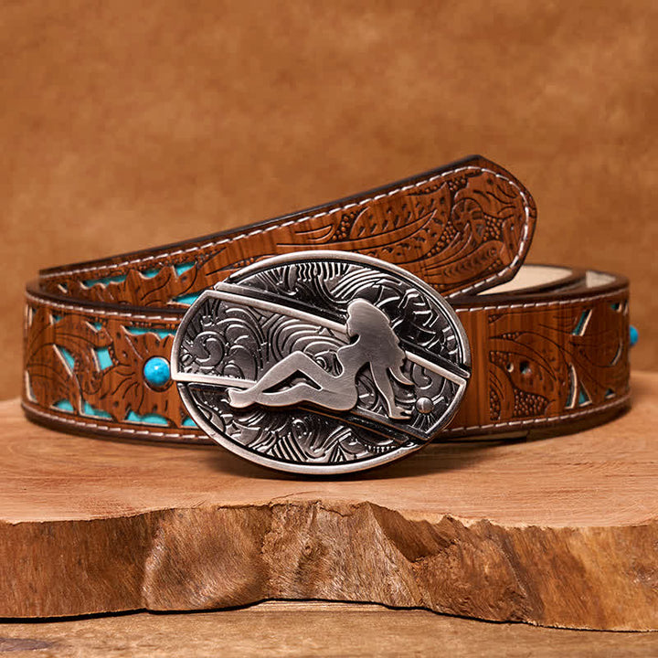 Men's DIY Lady Silhouette Hidden Folding Knife Leather Belt