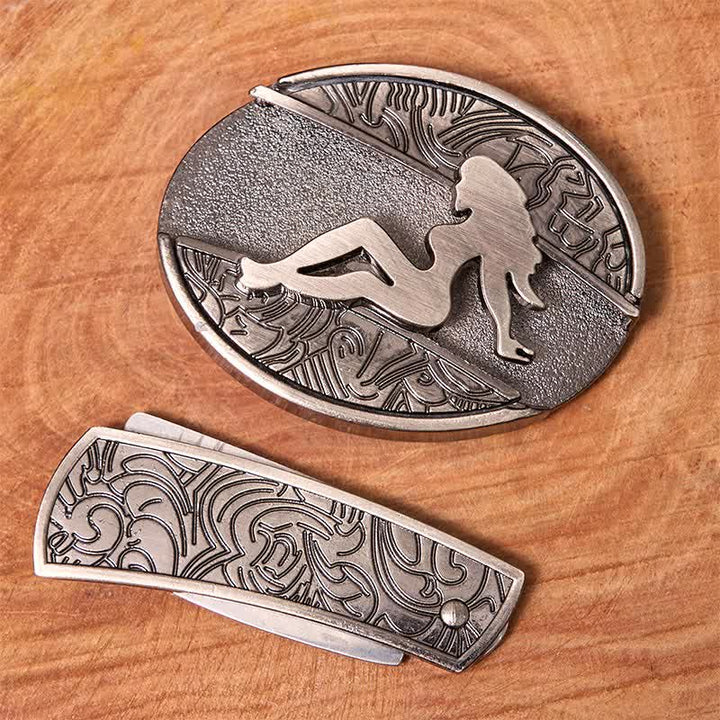 Men's DIY Lady Silhouette Hidden Folding Knife Leather Belt