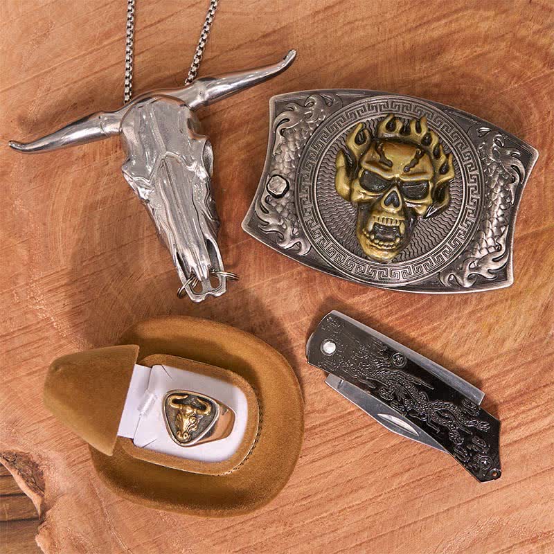 Skull DIY Hidden Knife Belt Buckle Longhorn Pendant Bull Ring Bundle Set