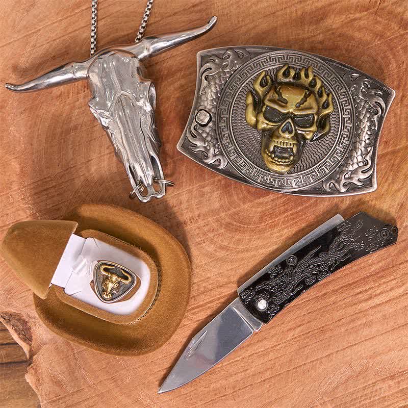 Skull DIY Hidden Knife Belt Buckle Longhorn Pendant Bull Ring Bundle Set