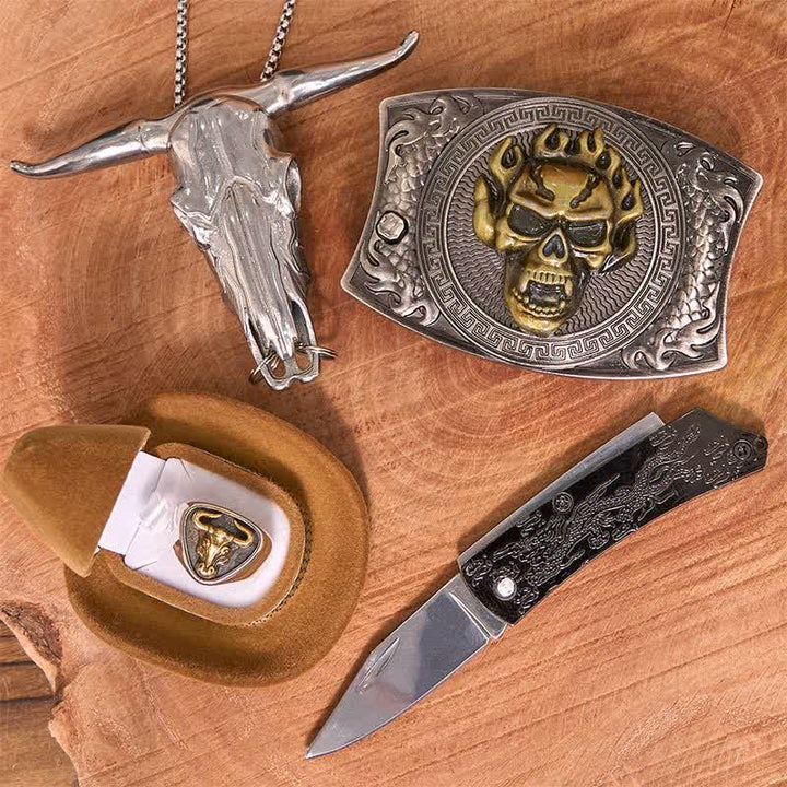 Skull DIY Hidden Knife Belt Buckle Longhorn Pendant Bull Ring Bundle Set