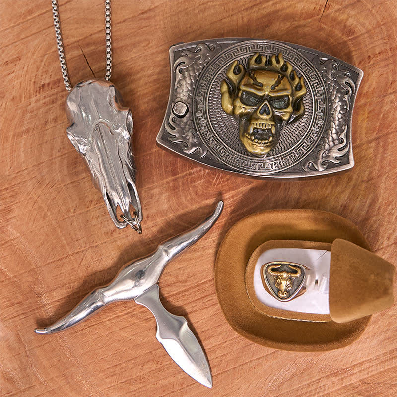 Skull DIY Hidden Knife Belt Buckle Longhorn Pendant Bull Ring Bundle Set