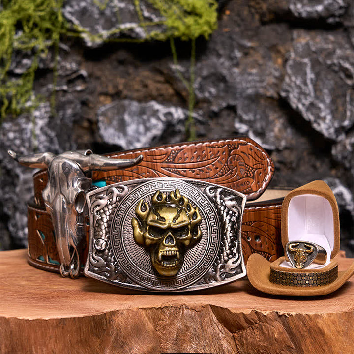 Skull DIY Hidden Knife Belt Buckle Longhorn Pendant Bull Ring Bundle Set