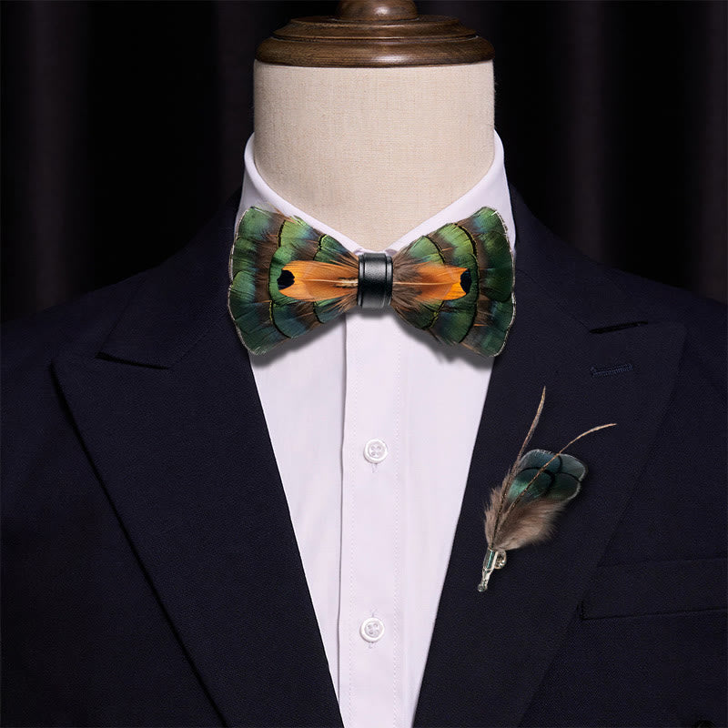 Emerald Green & Gold Feather Bow Tie with Lapel Pin - image 1