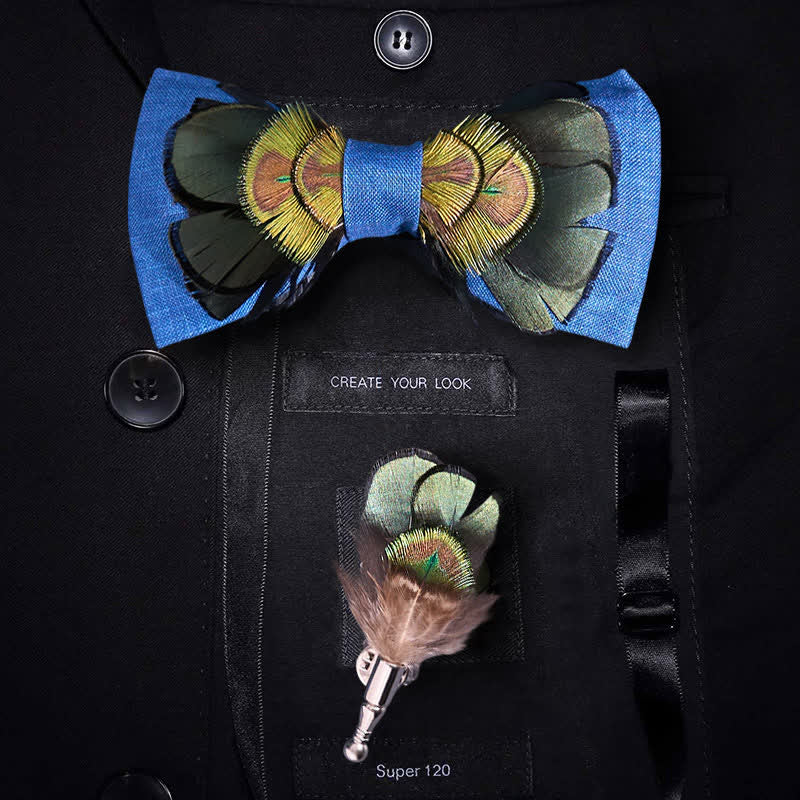 Dark Green & Blue Flax Peacock Feather Bow Tie - Dark Green & Blue - image 0