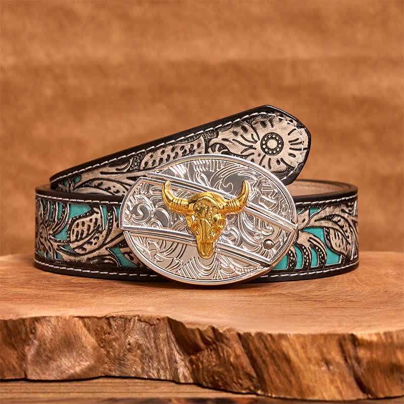 Men's DIY Gold & Silver Bull Hidden Folding Knife Leather Belt - image 9