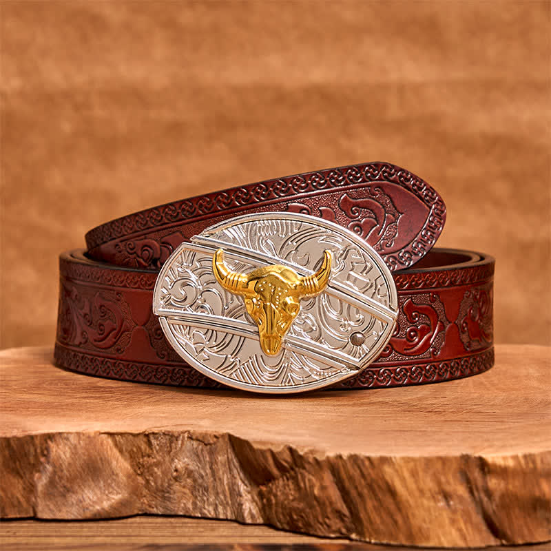 Men's DIY Gold & Silver Bull Hidden Folding Knife Leather Belt - Bull - Brown Carved Belt - 42 - image 7