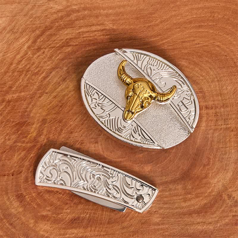 Men's DIY Gold & Silver Bull Hidden Folding Knife Leather Belt - image 2