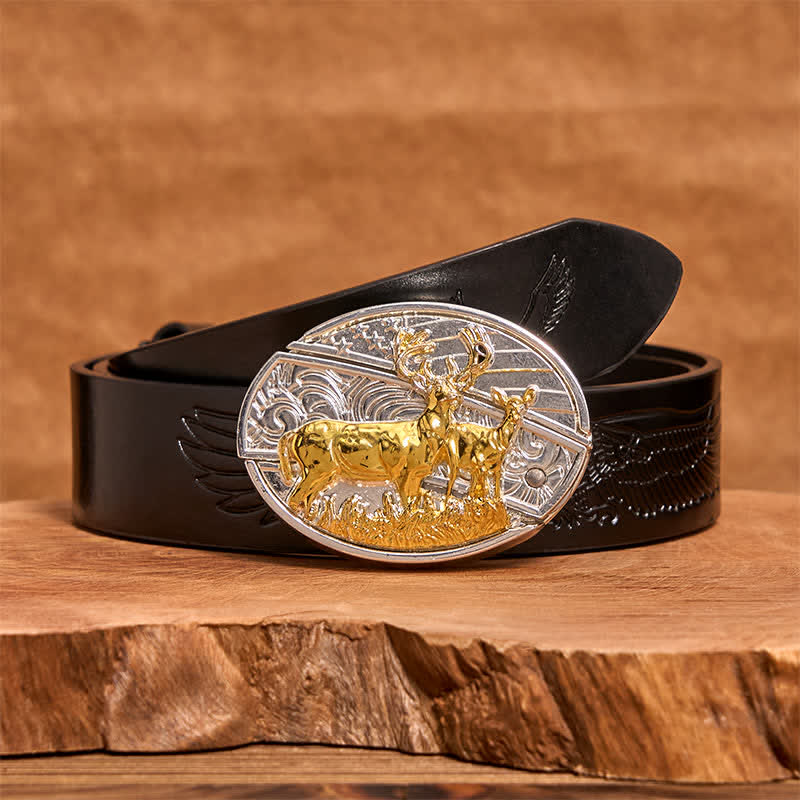 Men's DIY Gold & Silver Deers Hidden Folding Knife Leather Belt - Deer - Black Embossed Eagle Belt - 42 - image 4