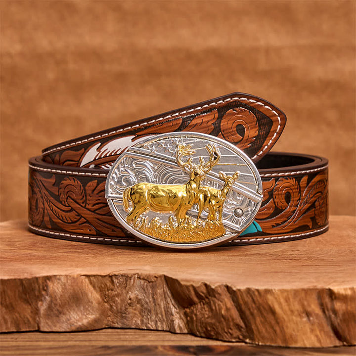 Men's DIY Gold & Silver Deers Hidden Folding Knife Leather Belt - Deer - Brown Feather Belt - 40 - image 8