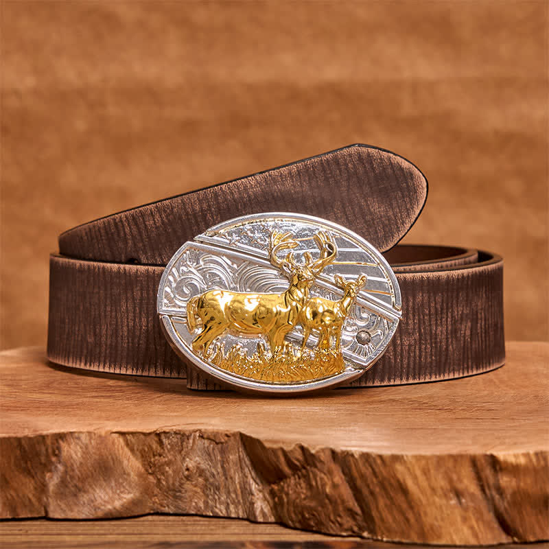 Men's DIY Gold & Silver Deers Hidden Folding Knife Leather Belt - Deer - Brown Distressed Belt - 42 - image 6