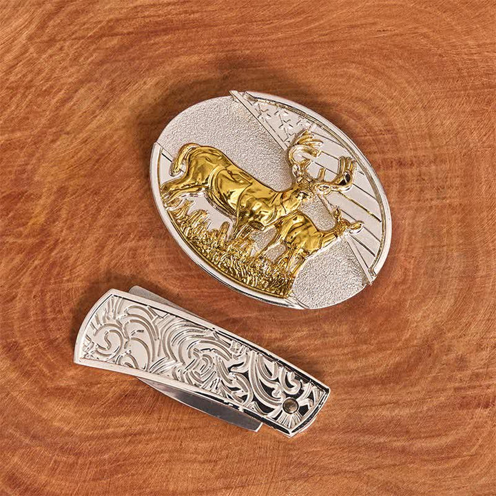 Men's DIY Gold & Silver Deers Hidden Folding Knife Leather Belt - image 2