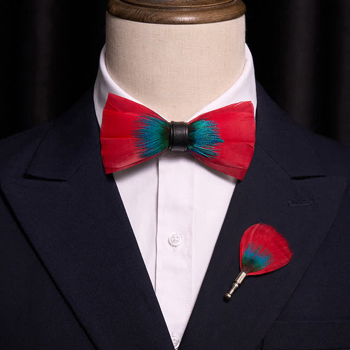 Exotic Red & Blue Feather Bow Tie with Lapel Pin - image 1