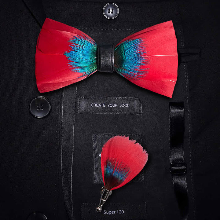 Exotic Red & Blue Feather Bow Tie with Lapel Pin - Red & Blue - image 0