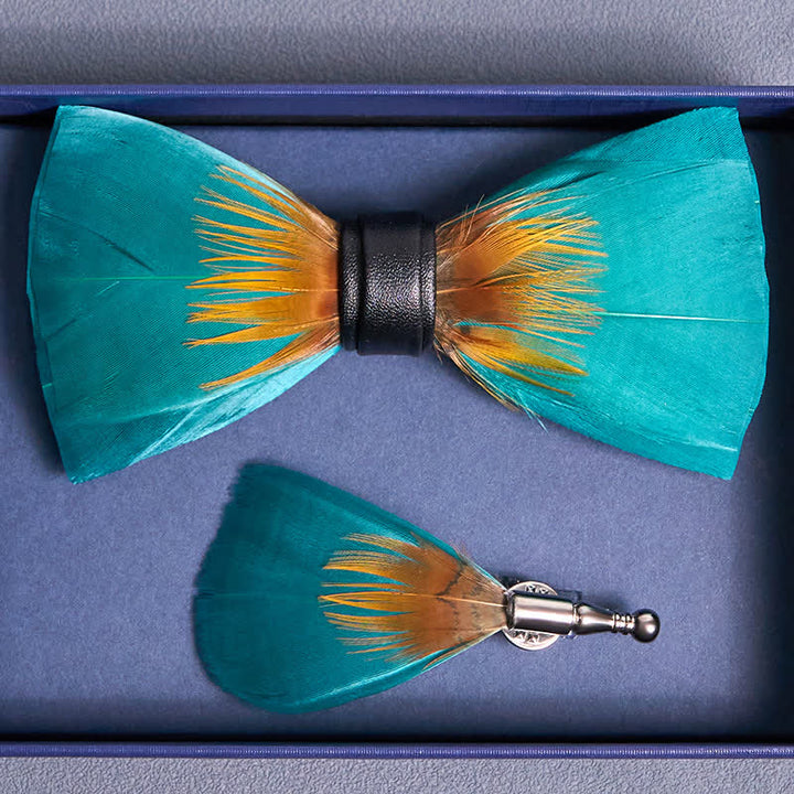 Forestgreen & Yellow Feather Bow Tie with Lapel Pin - image 3
