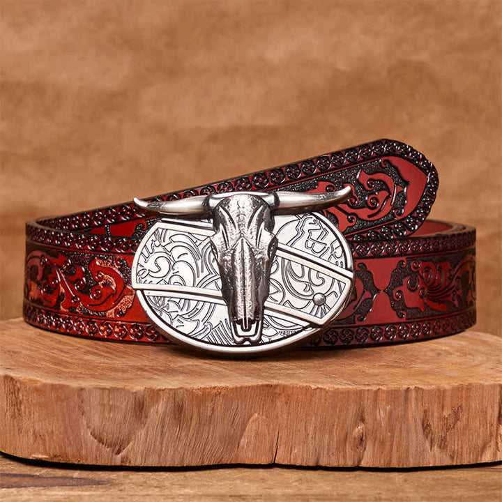 Bull's Head DIY Hidden Knife Silver Western Vintage Buckle Leather Belt - Brown Carved Belt - 42 - image 9